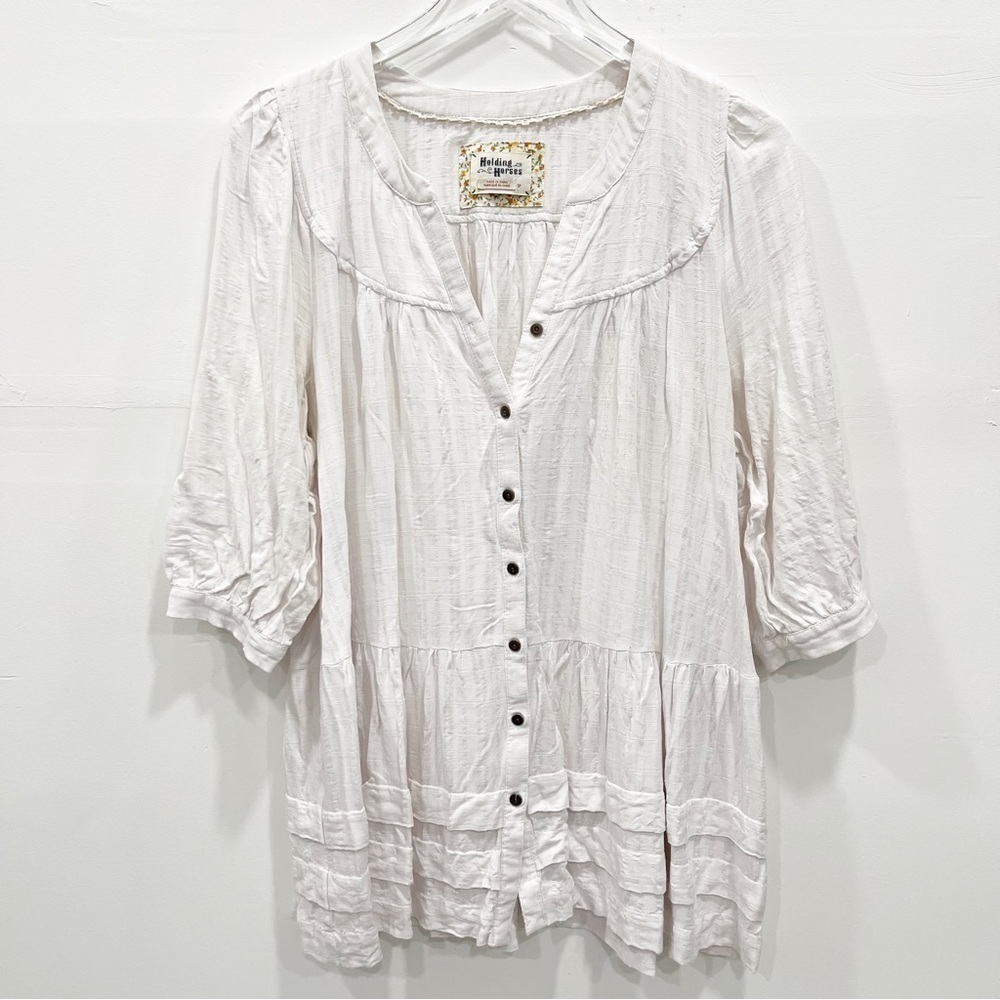 Anthropologie Holding Horses Pavin Tunic Top Small Petite V-Neck Button Front